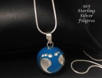 Harmony Ball Necklace, Blue Chime with Silver Filigree Baby Feet