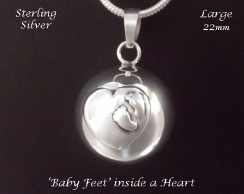 Harmony Ball Necklace, Baby Feet inside a Heart, Sterling Silver