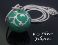 Harmony Necklace, Green Chime Ball, Sterling Silver Filigree