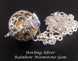 Harmony Ball Necklace, Rainbow Moonstone Gem, Sterling Silver