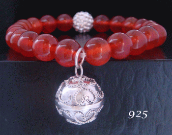 Harmony Ball Bracelet, Red Agate Beads, 925 Silver Harmony Ball