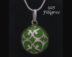 Harmony Ball Necklace, Sterling Silver Filigree Green Chime Ball