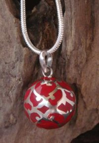 Harmony Necklace, Red Harmony Ball with Sterling Silver Filigree