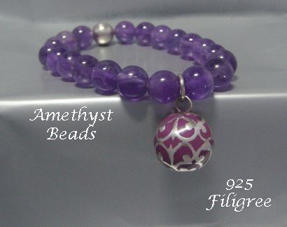 Harmony Ball Bracelet, Amethyst Beads, 925 Silver Harmony Ball - Click Image to Close